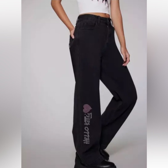 Forever 21 X Hello Kitty Black Jeans Size 25 With Rhinestones - Picture 1 of 4